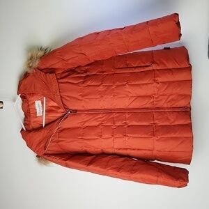 Orange Quilted Winter Coat with Faux Fur Hood Trim by Calvin Klein size M